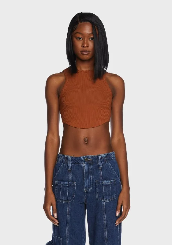 Contemporary Women's Clothing Curved Hem Tank Top - Brown