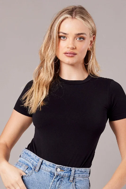 Women's Weekend Outfit Black Bodysuit Short Sleeve Crew Neck Seamless