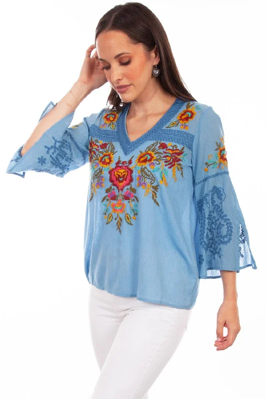 Sophisticated Fashion Scully Womens Blue Multi 100% Cotton Detailed Floral S/S Blouse