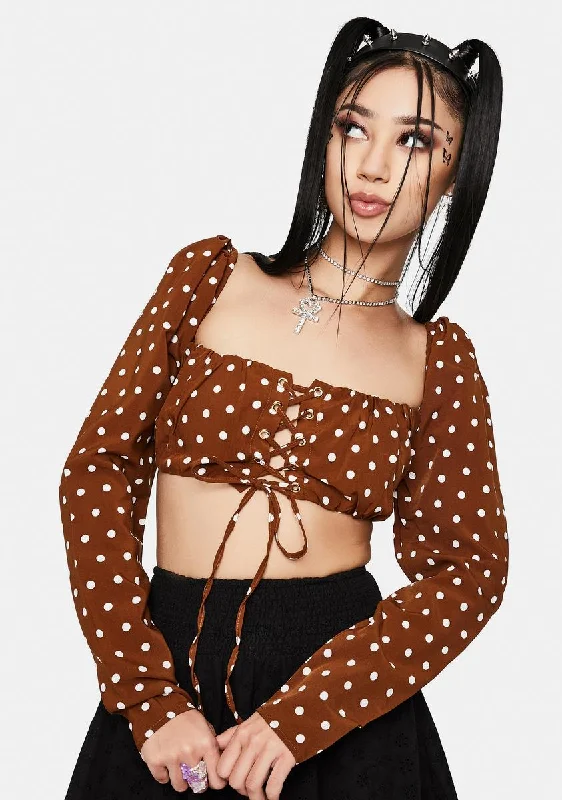 High End Fashion Coffee Cream Polka Dot Micro Crop Top