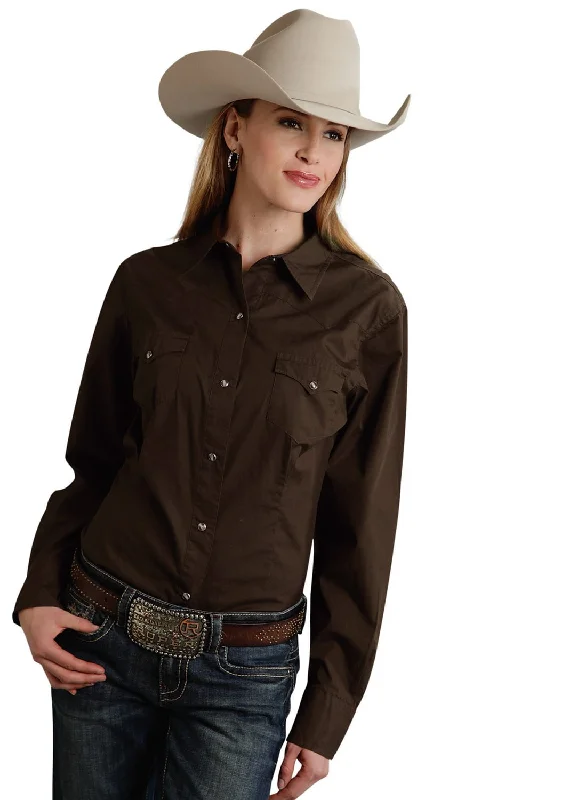 Trendy Women's Fashion Roper Basic Solid Ladies Chocolate 100% Cotton L/S Western Shirt