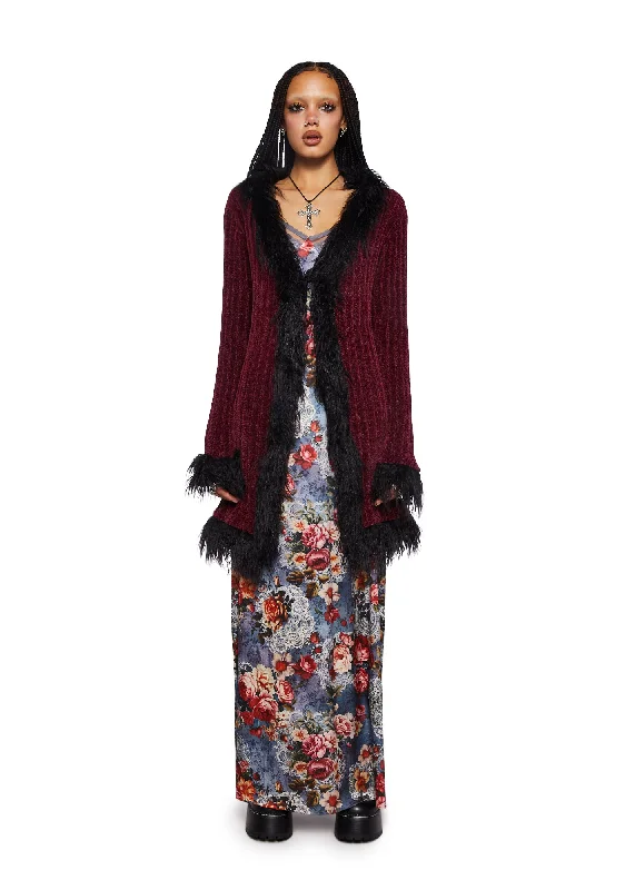 Women's Night-Out Outfit Furry Foe Long Cardigan-Burgundy