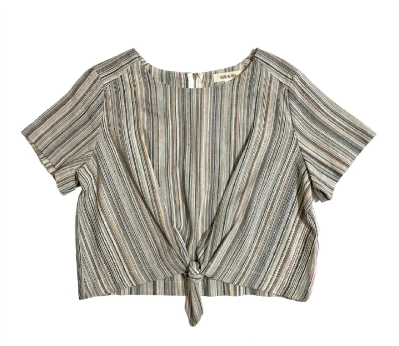 Women's Clothing Apparel Women's Striped Linen Cotton Front Tie Short Sleeve Crop Top In Multicolor