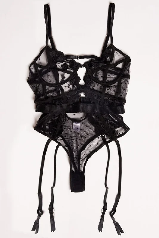 Women's Trendy Outfit Black Embroidered Mesh Bodysuit One Piece Lingerie