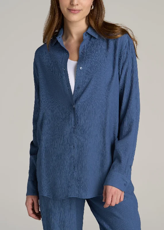 Casual Fashion Long Sleeve Crinkle Tall Women's Blouse in Steel Blue