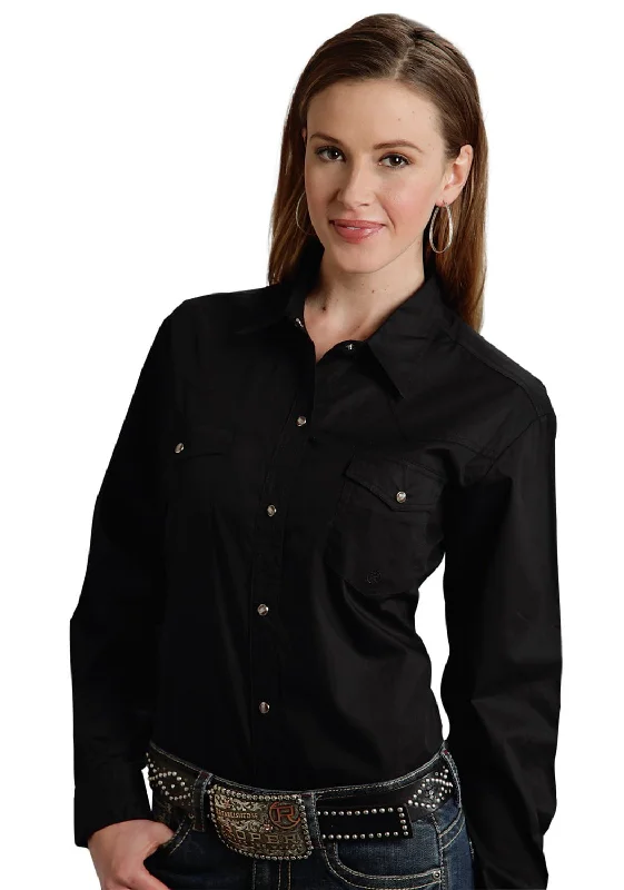 Holiday Discount Roper Basic Solid Ladies Black 100% Cotton L/S 2 Pocket Western Shirt