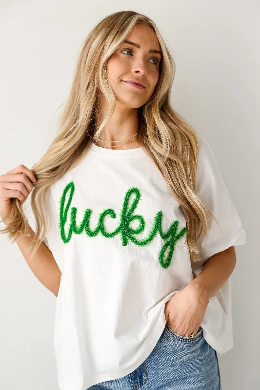 Stylish Women's Garments For Holidays FINAL SALE - "Lucky" Metallic Letter Tee