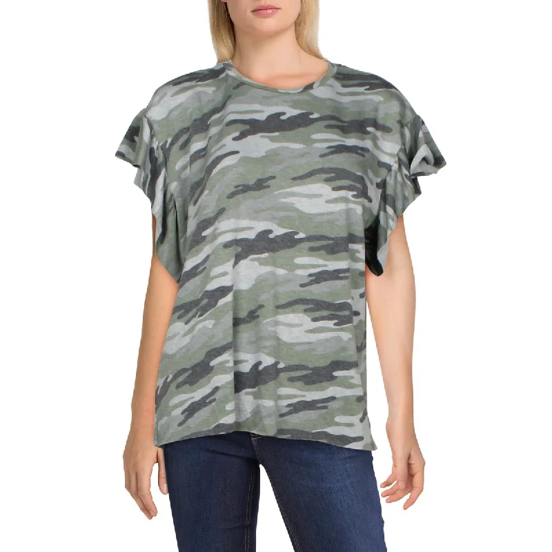 Casual Chic Womens Camouflage Ruffled T-Shirt