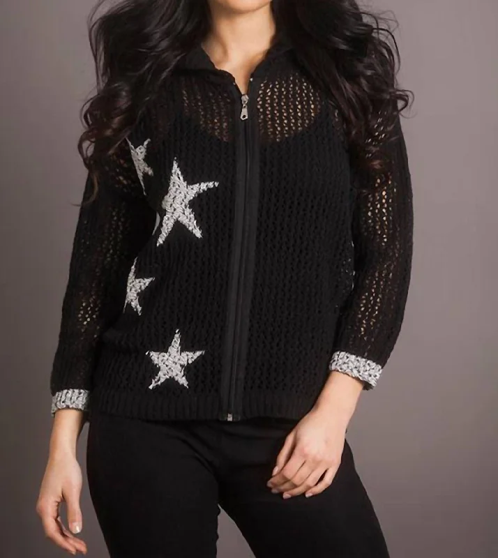Women's Stylish Outdoor Outfit Crochet Star Crew Zip Up Hoodie In Black Frost