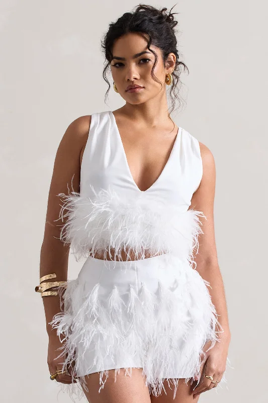 Women's Clothing And Garments Sets Main Stage | White Plunge-Neck Crop Top With Feather Trim