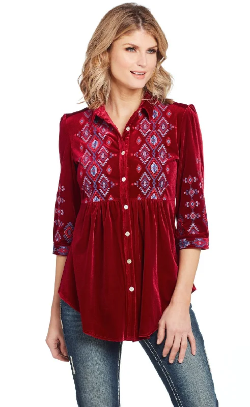 Women's Stylish Casual Garments Cowgirl Up Womens Red Polyester Geometric Blouse S/S