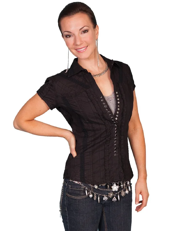 Casual Chic for Women Scully Contemporary Womens Tonal Lace Blouse Black 100% Cotton Cap Sleeve