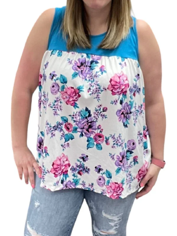 Women's Clothes Floral Swing Tank Top In Teal/white