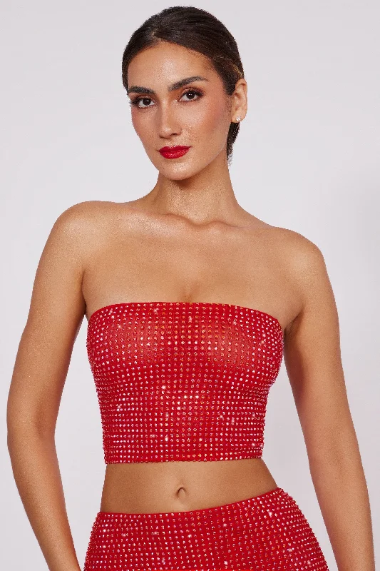 Casual Wear Embellished Strapless Crop Top in Fire Red
