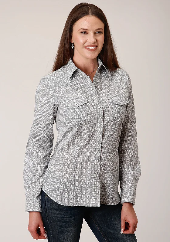 Boutique Styles Roper Womens 828 Print Grey/White Cotton Blend L/S Shirt