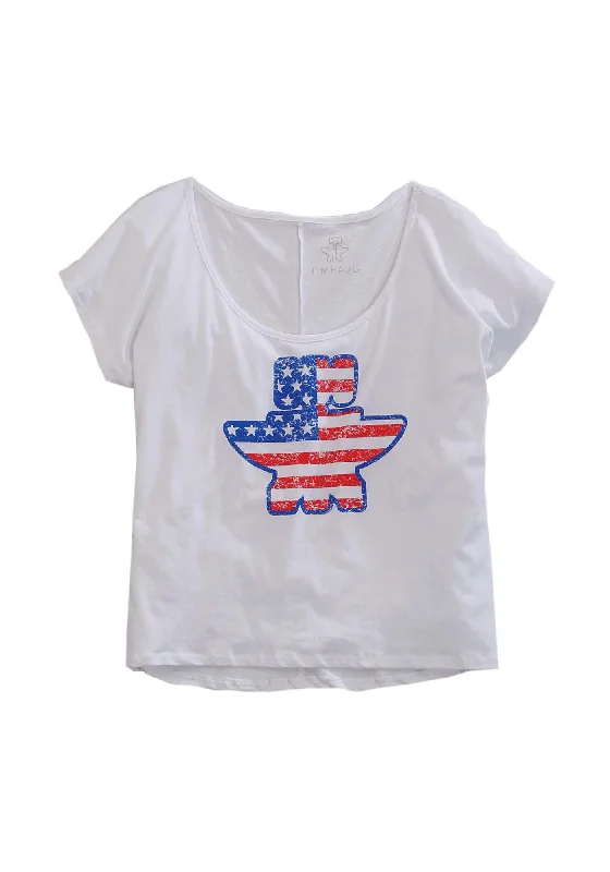 Sustainable Women's Apparel Tin Haul Womens Anvil Flag White Cotton Blend S/S T-Shirt