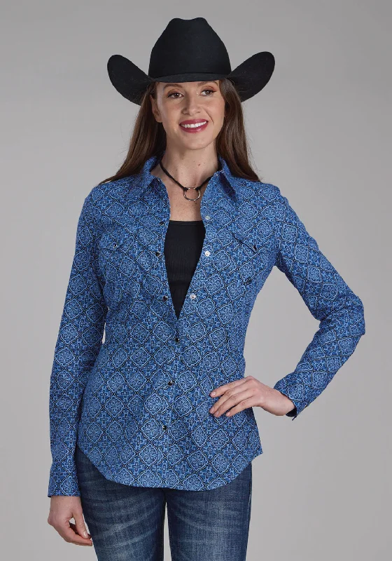 Women's Casual Apparel For Weekends Roper Womens Sapphire Ornamental Blue 100% Cotton L/S Shirt