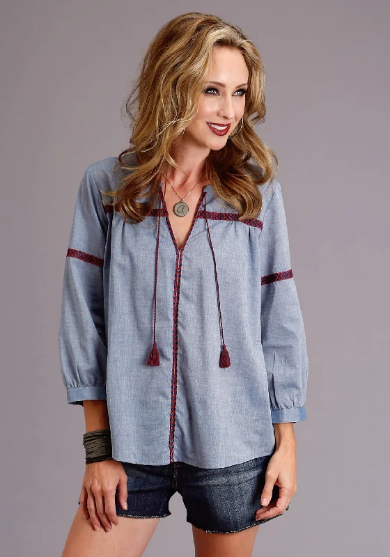 Women's Trendy Outfits Stetson Womens Chambray 100% Cotton Peasant S/S Blouse