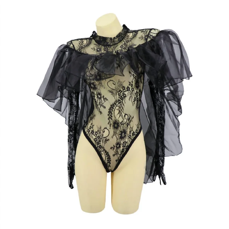 Vintage-Inspired Garments Ruffle Cape Mesh Bodysuit In Black