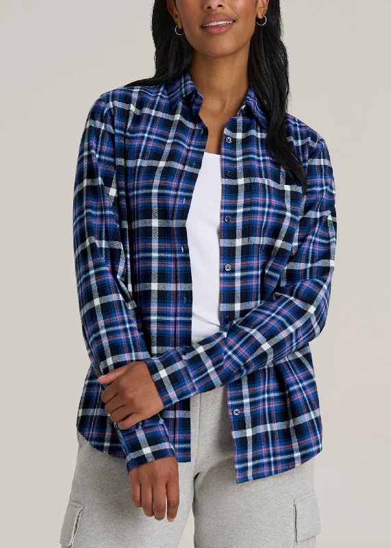 Elegant Clothing Flannel Button-Up Shirt for Tall Women in Cobalt, Navy, and Peach Plaid