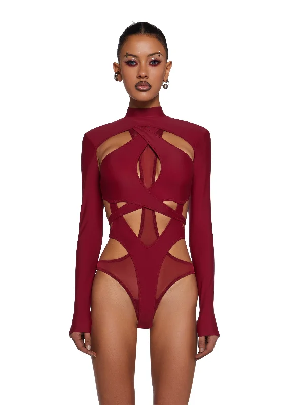 Women's Stylish Casual Garments Flanger Strappy Spandex And Mesh Bodysuit - Red