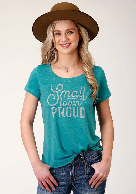 Women's Formal Wear Roper Womens Turquoise Poly/Rayon Small Town Proud S/S T-Shirt
