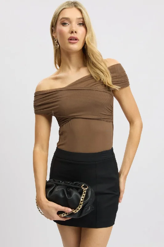 Women's Plus-Size Casual Outfit Brown Off Shoulder Bodysuit Mesh