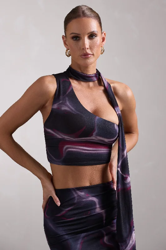 Women's Trendy Garments North Wind | Black Printed One-Shoulder Crop Top With Scarf