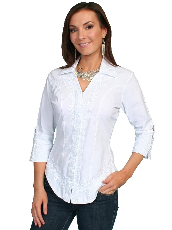 New Arrival Discount Scully Cantina Collection Blouse White 100% Cotton Floral 3/4 Sleeve