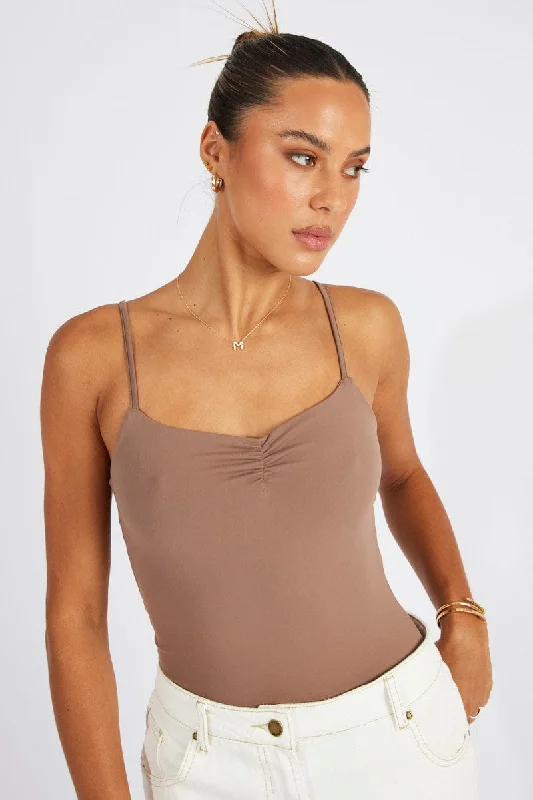 Women's Floral Print Outfit Brown Bodysuit Front Ruched Supersoft