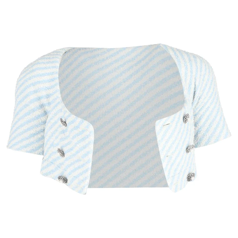 Imeless Style Alessandra Rich Embellished Buttons Short Sleeve Crop Top in Multicolor Wool Tweed