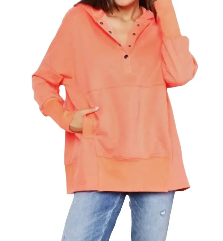 Casual Chic Clothing Quarter-Snap Dropped Shoulder Hoodie In Tangerine