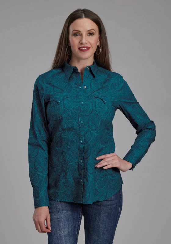 Women's Formal Clothes Roper Womens 2167 Tonal Paisley Green 100% Cotton L/S Shirt