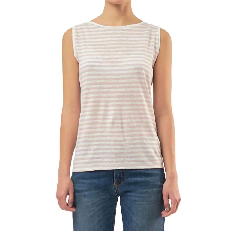 Formal Garments For Women Stretch Linen Stripe Boatneck Tank Top In Chamallow