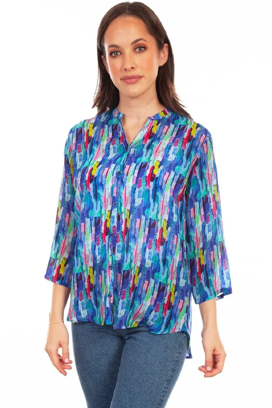 High End Women's Wear Scully Womens Blue Multi Rayon Dazzling S/S Blouse