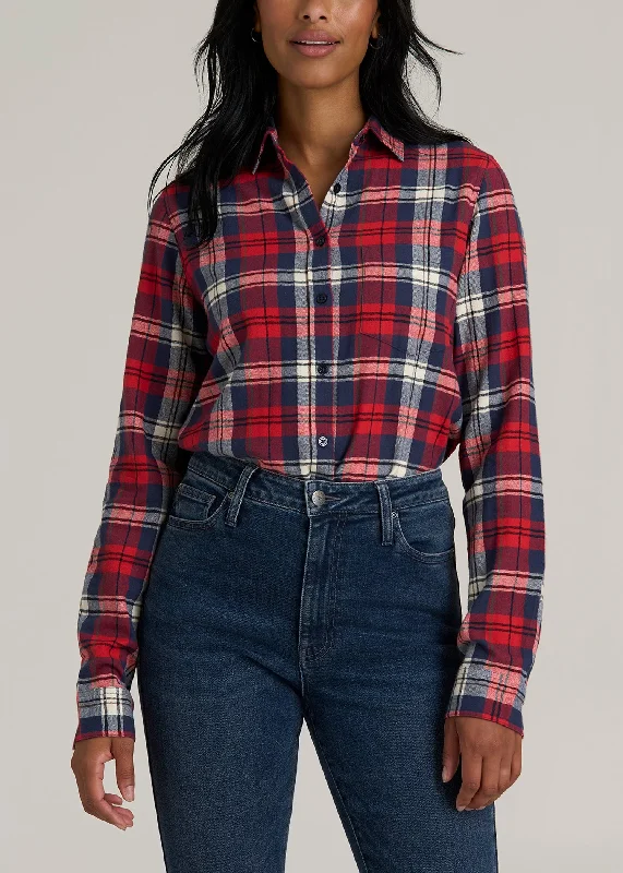 Graceful Fashion Flannel Button-Up Shirt for Tall Women in Rich Red Plaid