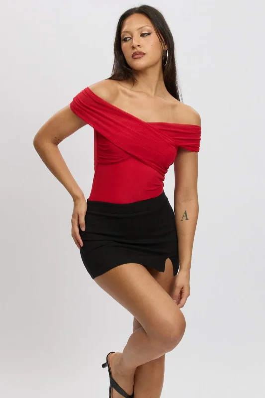 Women's Tailored Outfit Red Off Shoulder Bodysuit Mesh