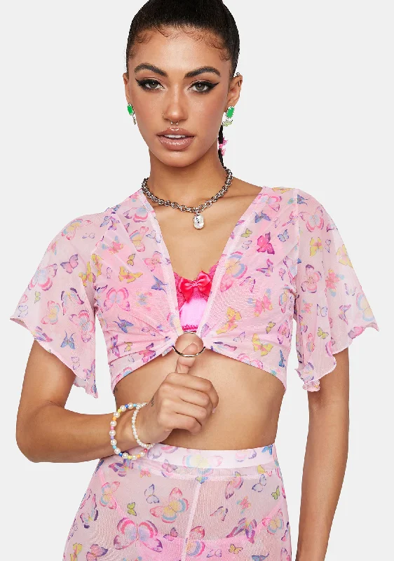 Online Boutiques Butterfly O-Ring Crop Top - Pink