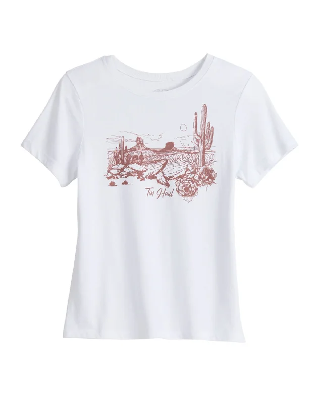 Women's Chic Outerwear Garments Tin Haul Womens Red Desert Scene White Cotton Blend S/S T-Shirt