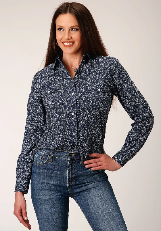 Women's Active Garments For Workouts Roper Womens 1498 Floral Navy/White Cotton Blend L/S Shirt