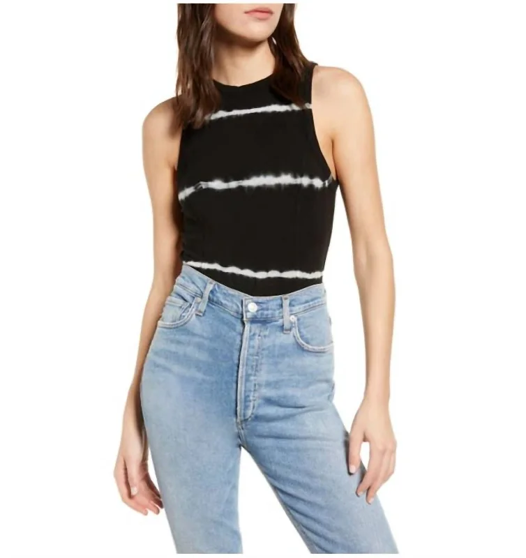Formal Garments For Women Striped Tie Dye Open Back Short Sleeve Bodysuit In Black