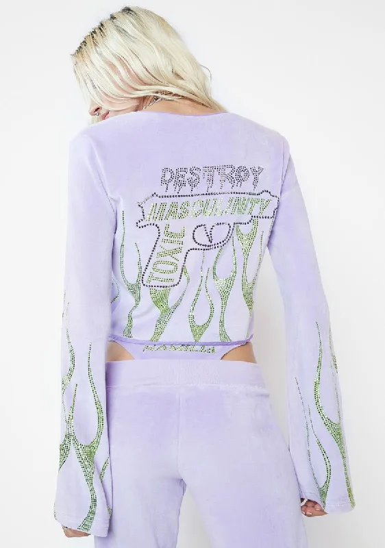 Women's Classic Outfit Lilac Destroy Toxic Masculinity Velour Flame Cardigan