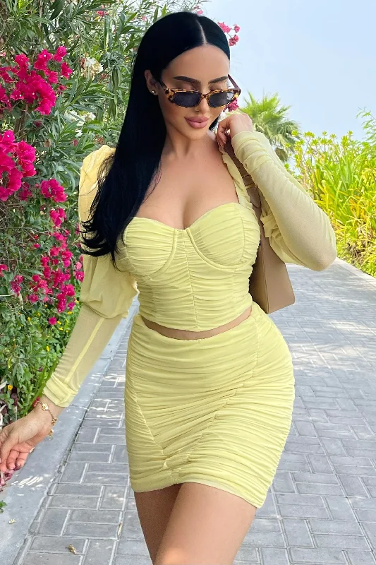 Women's Classic Attire Butterfly | Yellow Puff Sleeve Ruched Crop Top