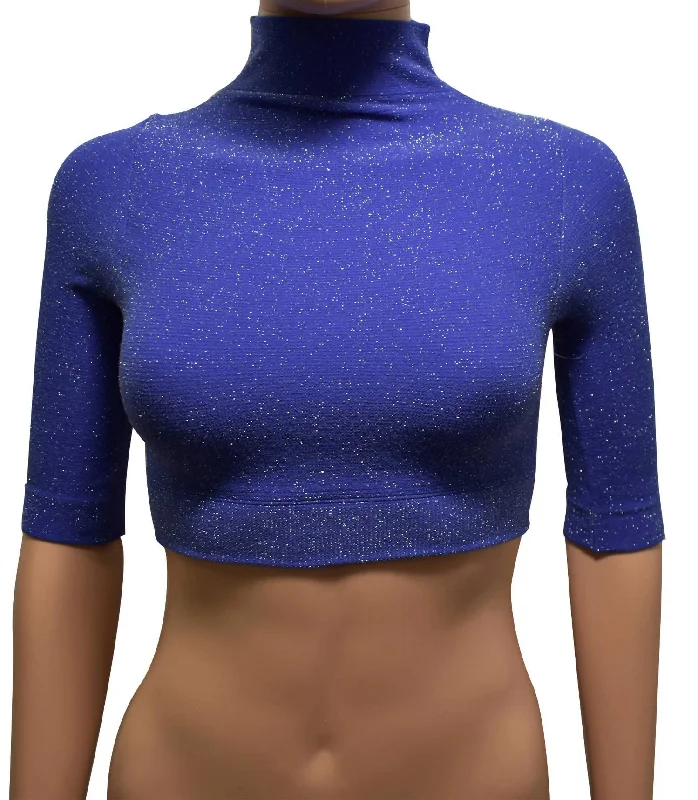 Affordable Luxury Women's Apparel Women Mock Neck Metallic Stretch Crop Top In Blue