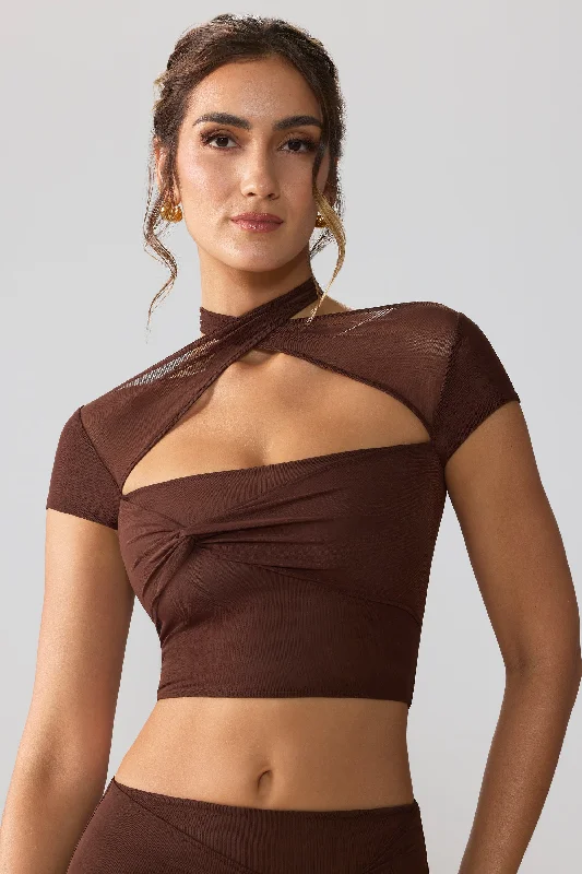 Urban Femme Streetwear Mesh Cap Sleeve Cut Out Crop Top in Espresso