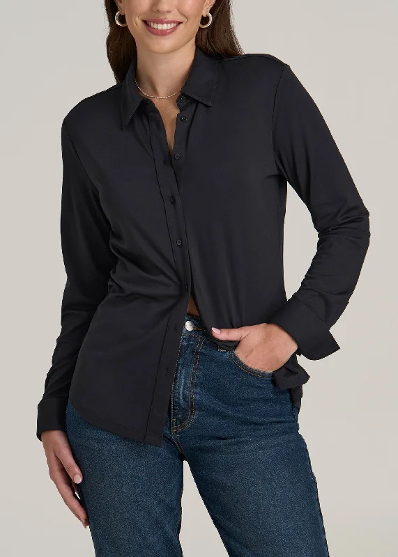 Urban Femme Streetwear Slub Knit Button Up Women's Tall Shirt in Black