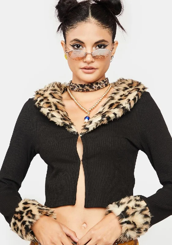 Women's Stylish Outerwear Leopard Fur Trim Cardigan