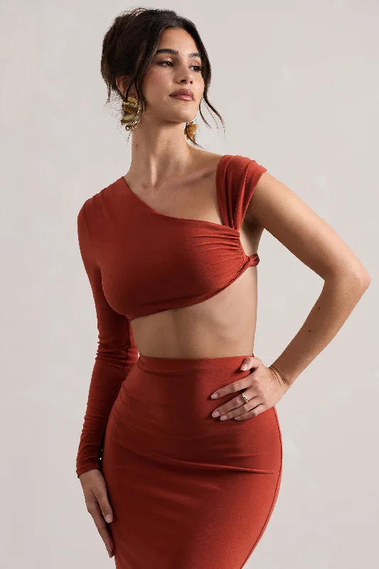Women's Luxury Garments Agalia | Terracotta Ruched Asymmetric One-Sleeve Crop Top