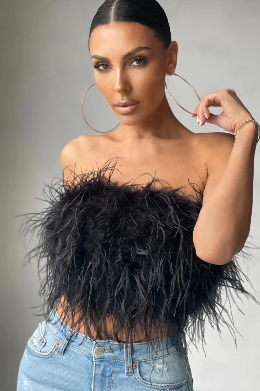 Women's High-Fashion Attire Dream Daze | Black Feather Bandeau Crop Top