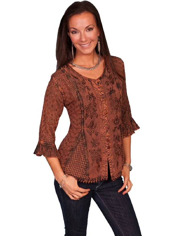 Clothes Women Scully Honey Creek Womens Blouse Copper 100% Rayon Embroidered 3/4 Sleeve